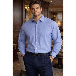 GS Button Down Long Sleeve Blue Stripe Easy Stretch Dress Shirt 18 37-38